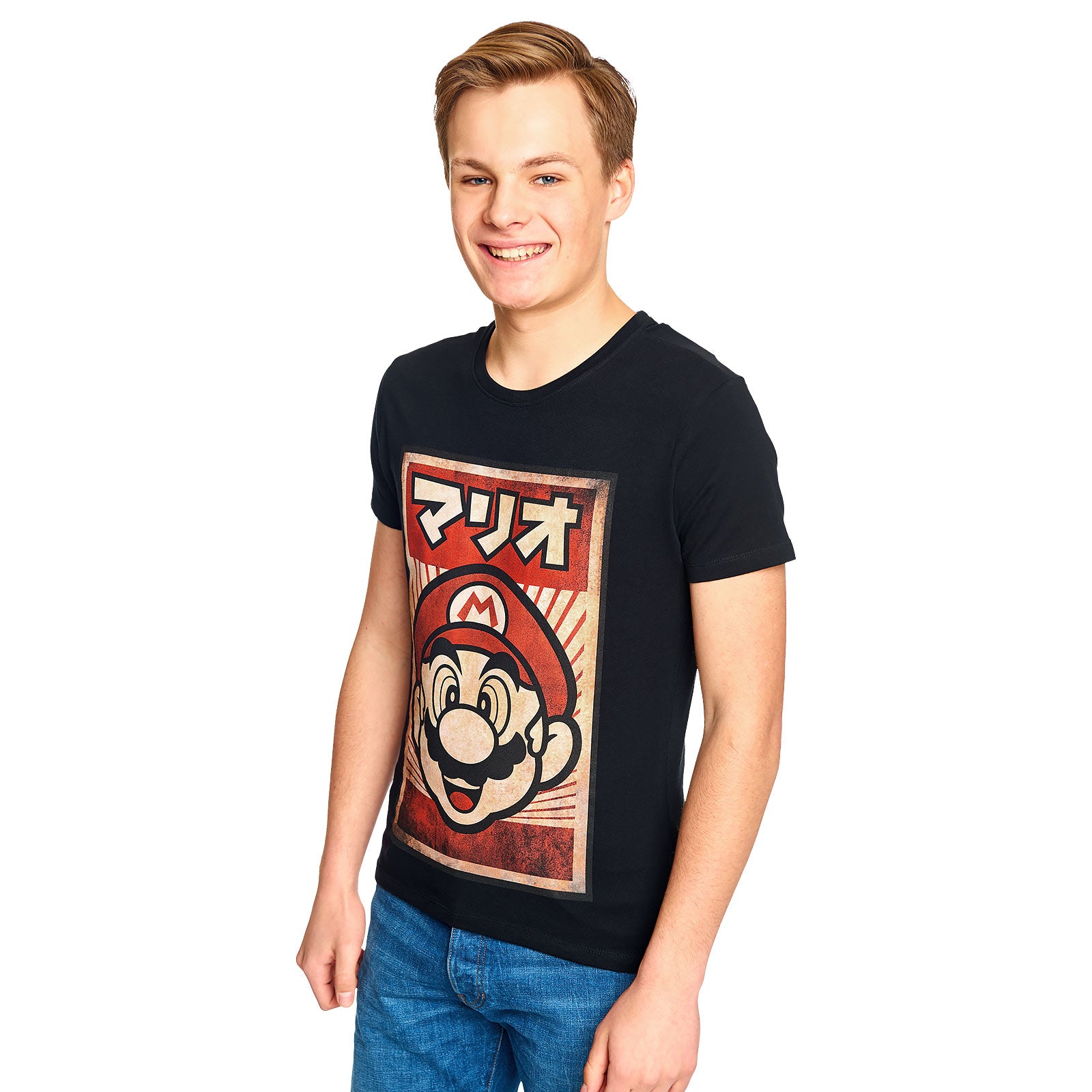 Immagine del prodotto T-shirt nera con poster di propaganda di Super Mario