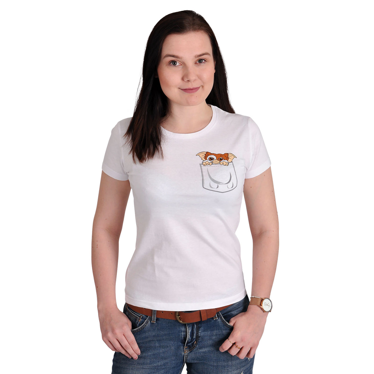 Immagine del prodotto Gremlins - T-shirt da donna bianca con Gizmo in tasca