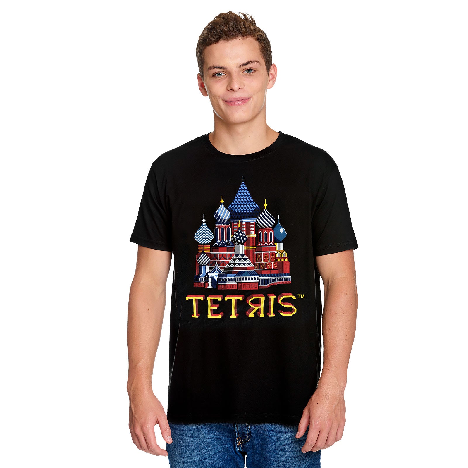 Immagine del prodotto Tetris - Maglietta nera con schermata del titolo del quadrato rosso