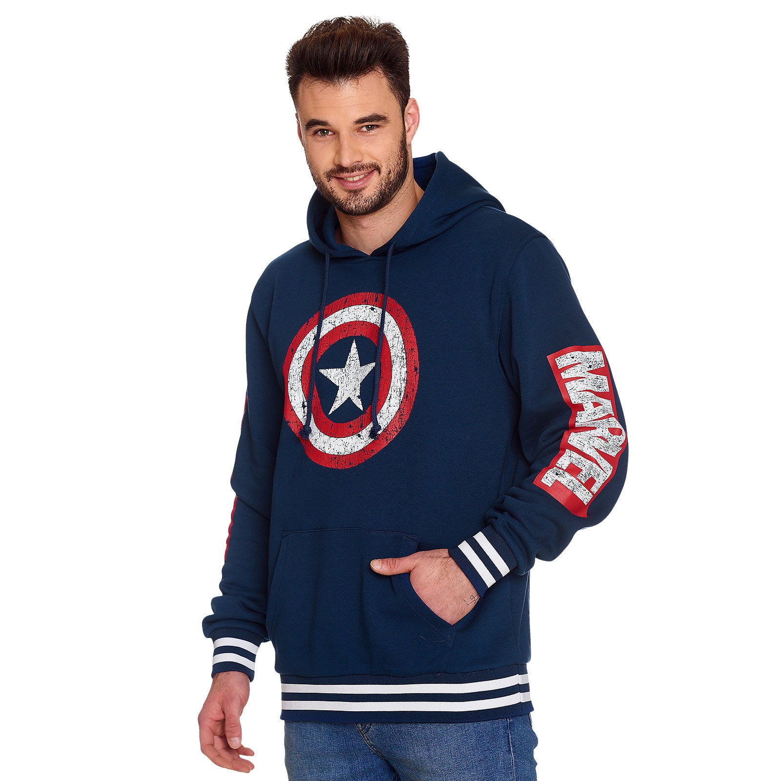 Immagine del prodotto Captain America - Felpa con cappuccio con logo dello scudo in blu distressed