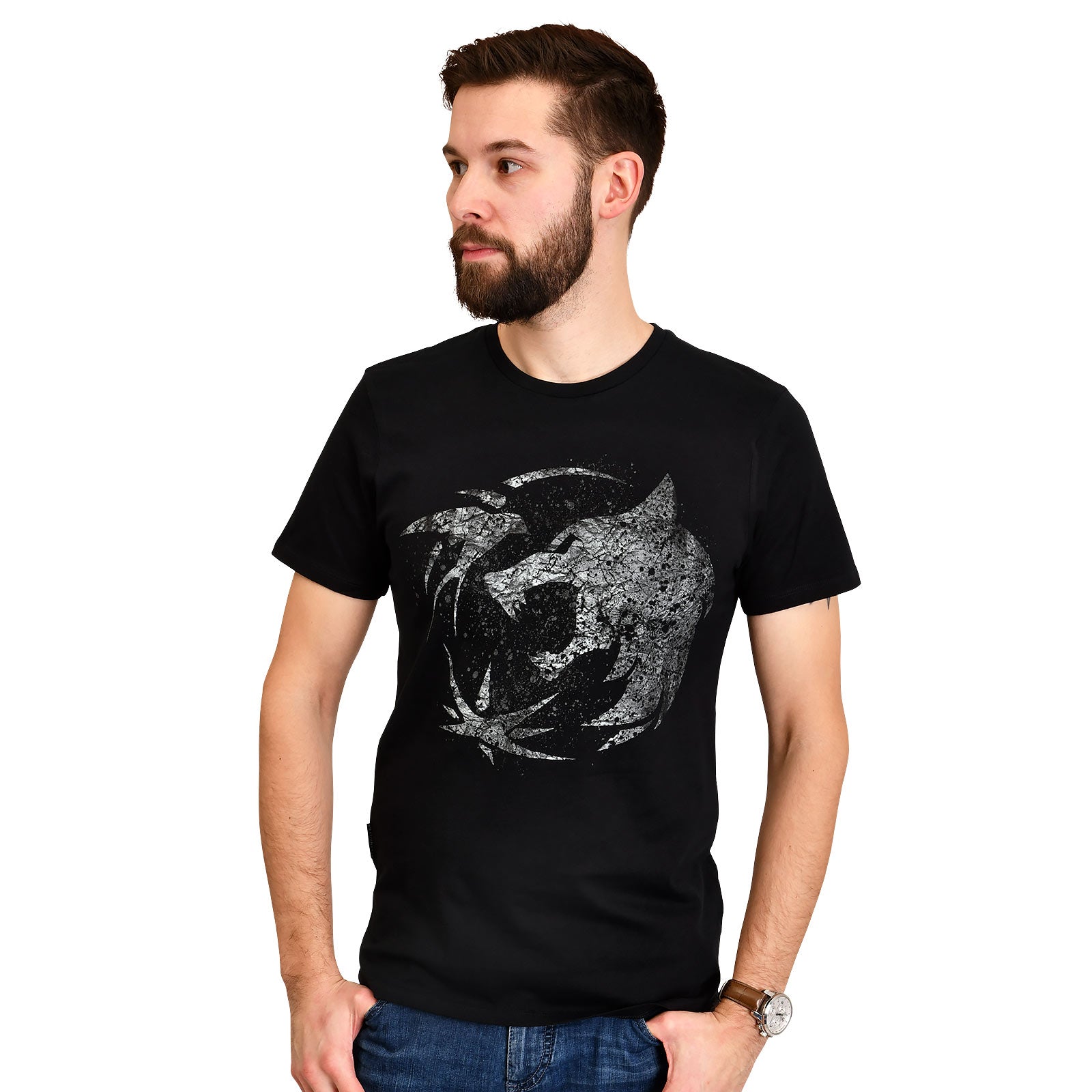 Immagine del prodotto T-shirt con emblema di lupo per fan di Witcher, nera