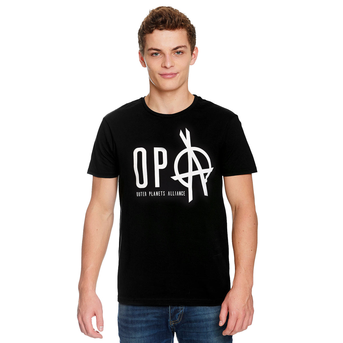 Immagine del prodotto T-shirt con logo dell'Alleanza dei Pianeti Esterni per i fan di The Expanse nera