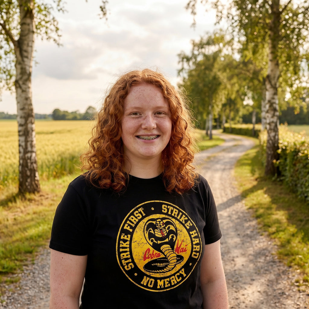 Immagine del prodotto T-shirt nera con logo Cobra Kai per fan di Karate Kid