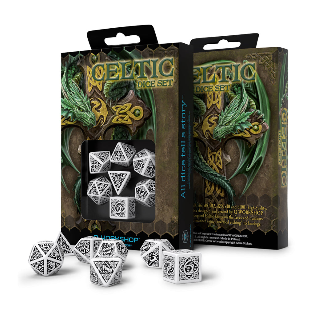 Immagine del prodotto Set di dadi RPG Celtic 3D riveduti bianco e nero 7 pezzi