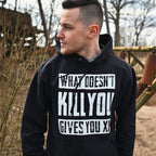 Immagine del prodotto Felpa con cappuccio nera 'Ciò che non ti uccide ti dà XP'