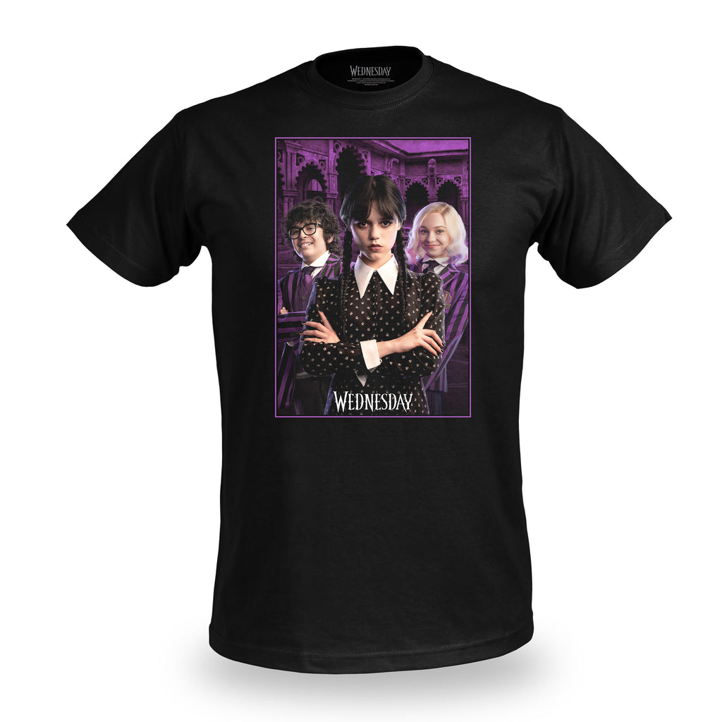 Immagine del prodotto T-shirt nera con collage di Wednesday, Enid e Eugene