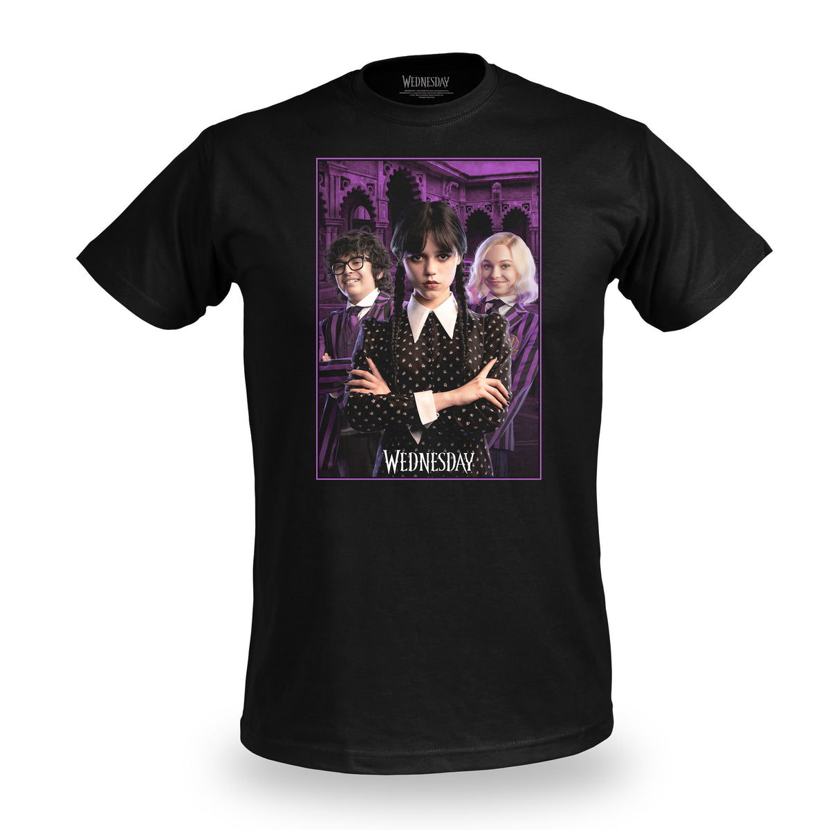 Immagine del prodotto T-shirt nera con collage di Wednesday, Enid e Eugene
