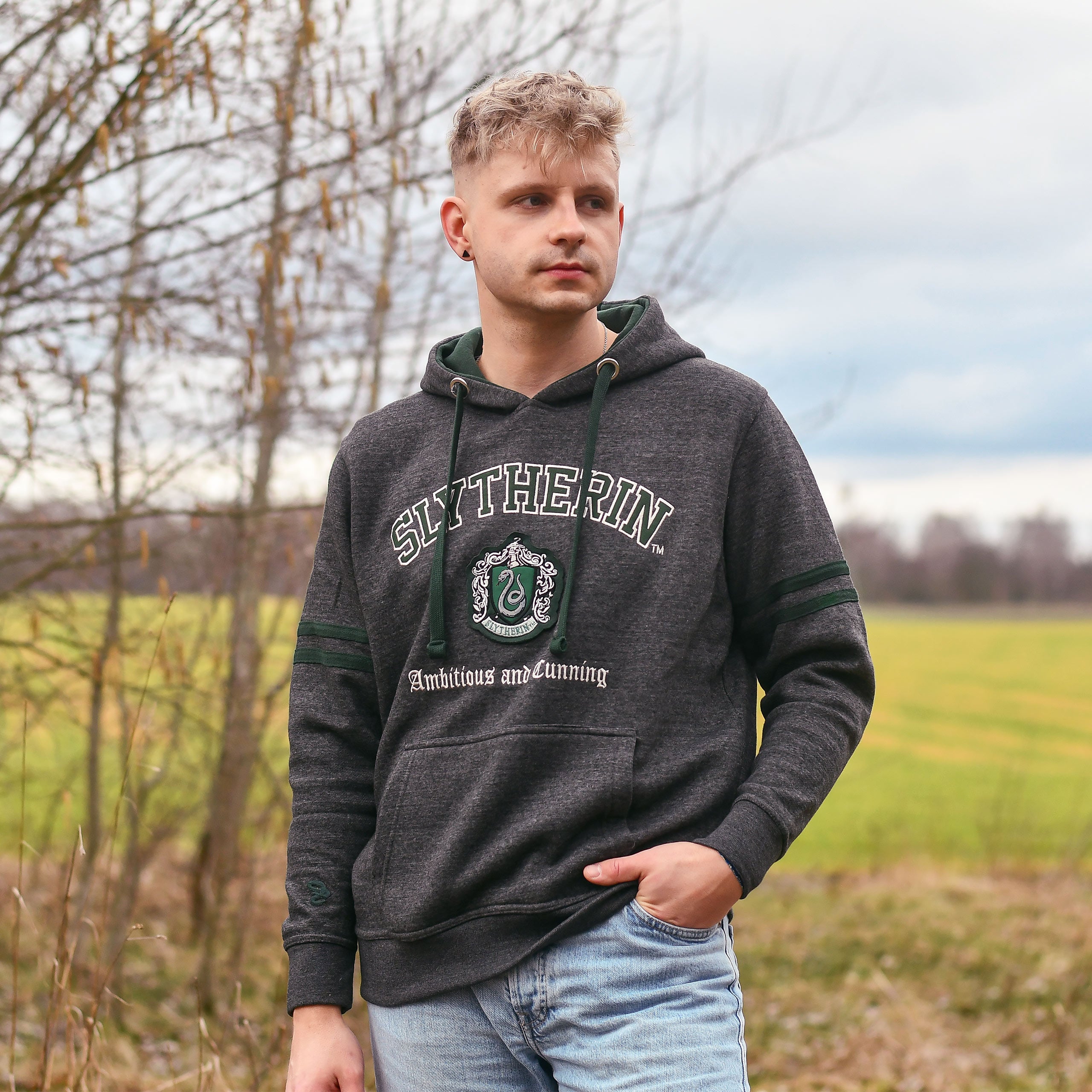 Immagine del prodotto Harry Potter - Felpa con cappuccio premium grigia con stemma di Serpeverde