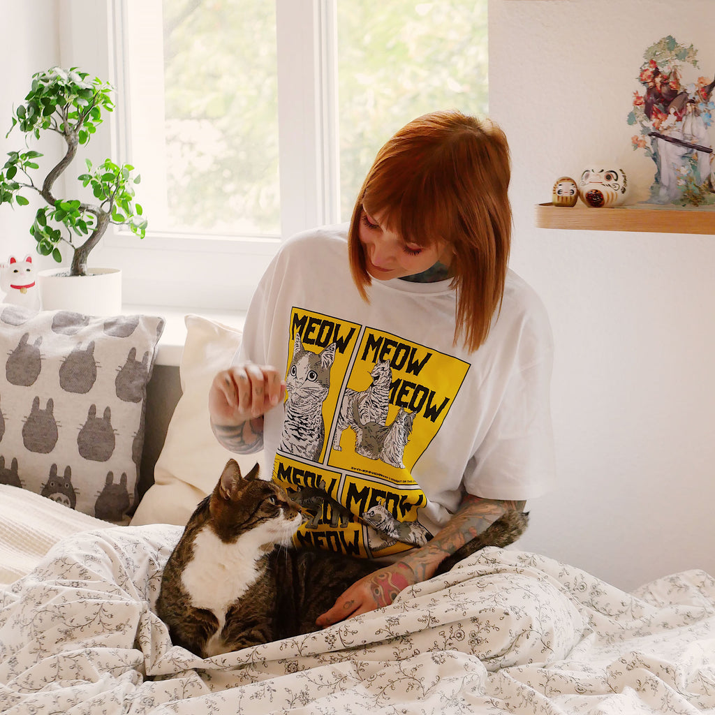 Immagine del prodotto Maglietta Meow per fan di Night of the Living Cat bianca