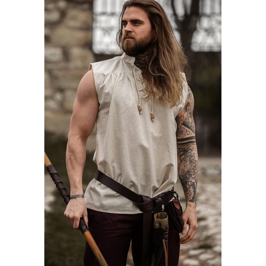 Immagine del prodotto Camicia medievale con colletto in piedi con lacci Louis senza maniche beige