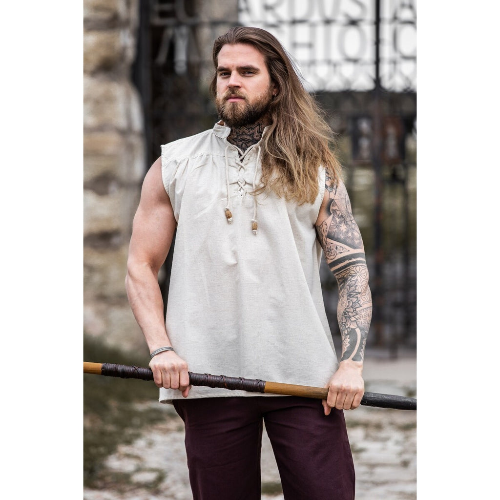 Immagine del prodotto Camicia medievale con colletto in piedi con lacci Louis senza maniche beige