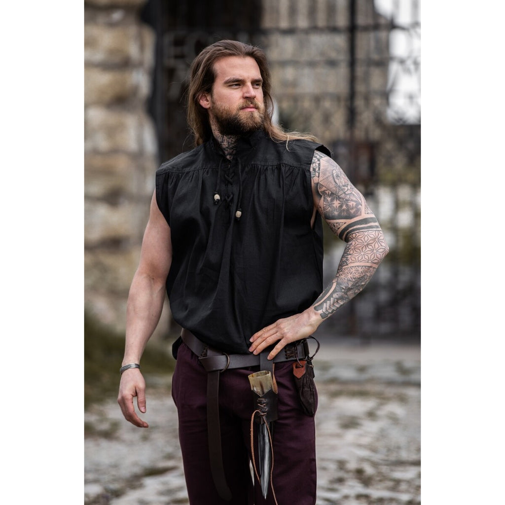 Immagine del prodotto Camicia medievale con colletto alla coreana con lacci Louis senza maniche nera