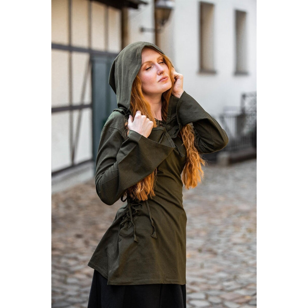 Immagine del prodotto Blusa medievale Lea con cappuccio e allacciatura verde