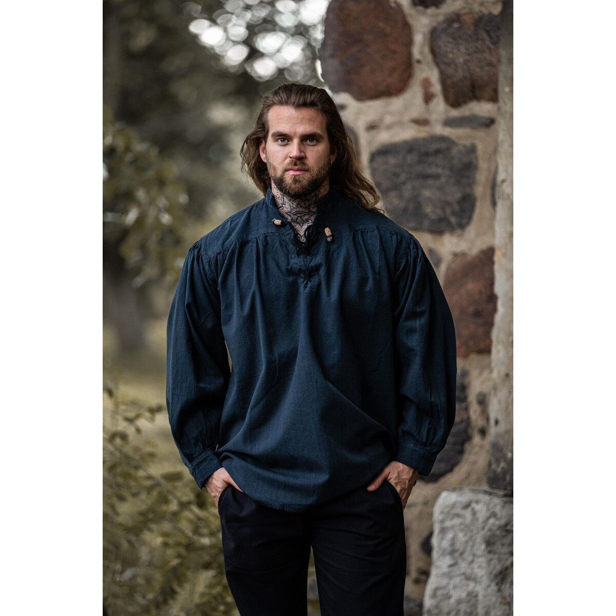Immagine del prodotto Camicia medievale con collo alto e lacci Georg blu mélange