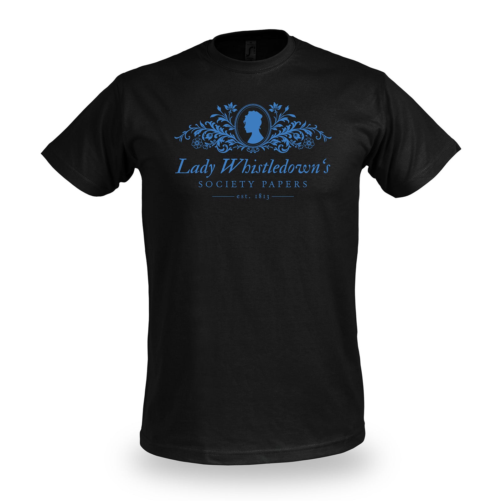 Immagine del prodotto T-shirt Society Papers nera per fan di Bridgerton