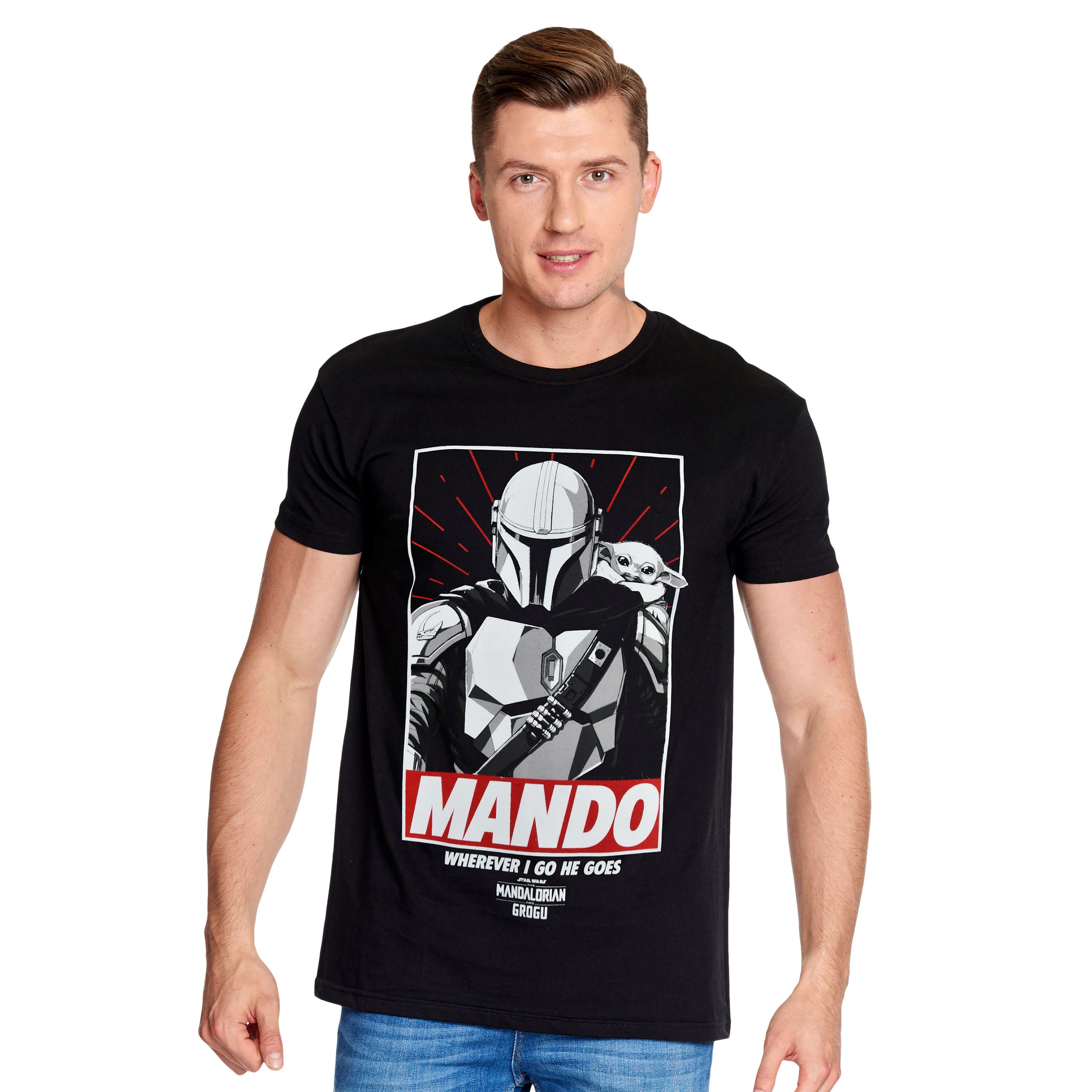 Immagine del prodotto T-shirt Mando Wherever I Go He Goes nera - Star Wars The Mandalorian