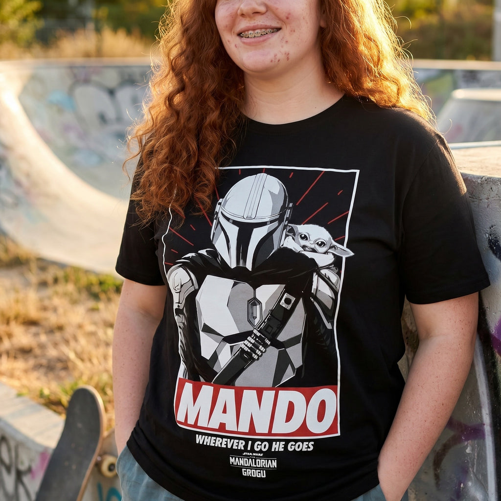 Immagine del prodotto T-shirt Mando Wherever I Go He Goes nera - Star Wars The Mandalorian